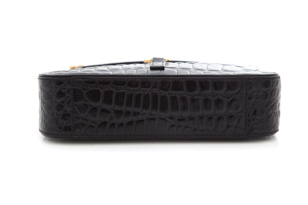 Saint Laurent Black Crocodile Embossed Leather Cassandre Handbag