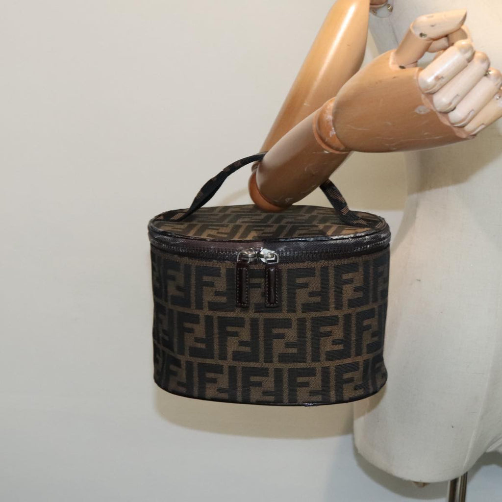 FENDI Zucca Canvas Vanity Hand Bag Brown Black Silver 92279