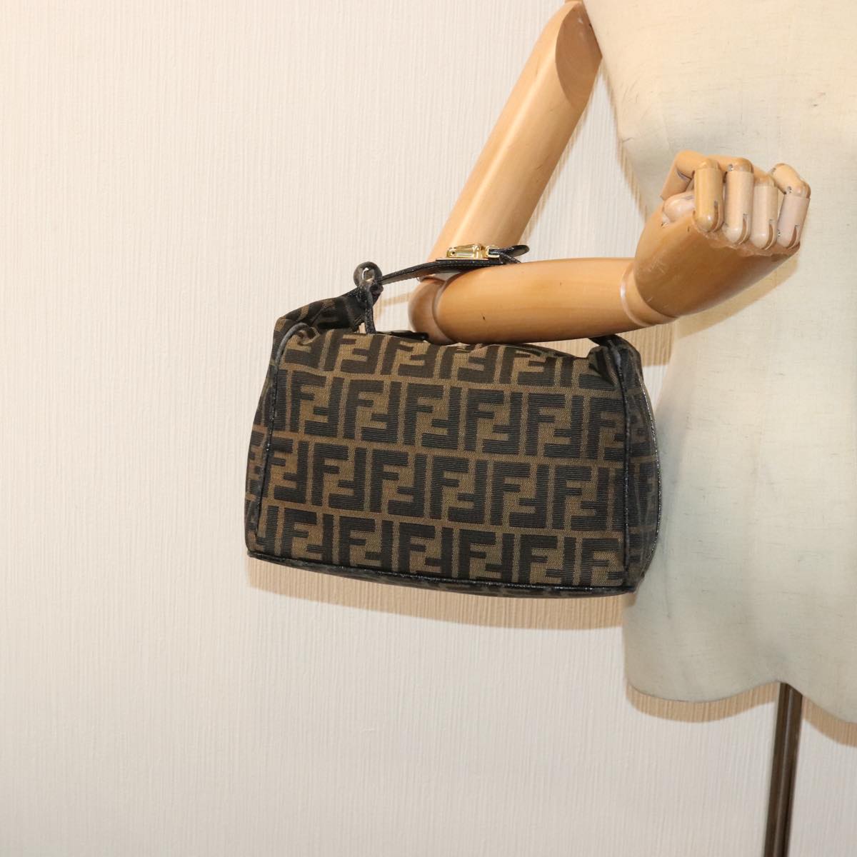 FENDI Zucca Canvas Vanity Pouch Brown Black gold 92526