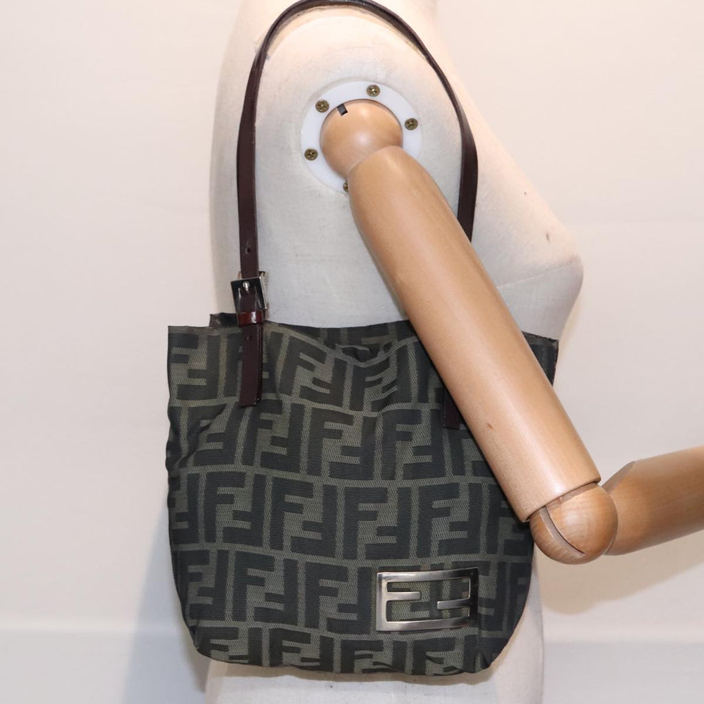 FENDI Hand Bag Zucca Canvas Brown Black Silver 92555