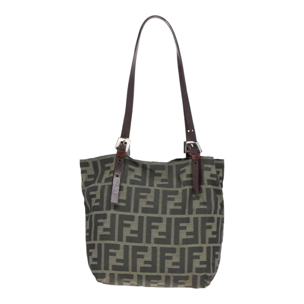 FENDI Hand Bag Zucca Canvas Brown Black Silver 92555