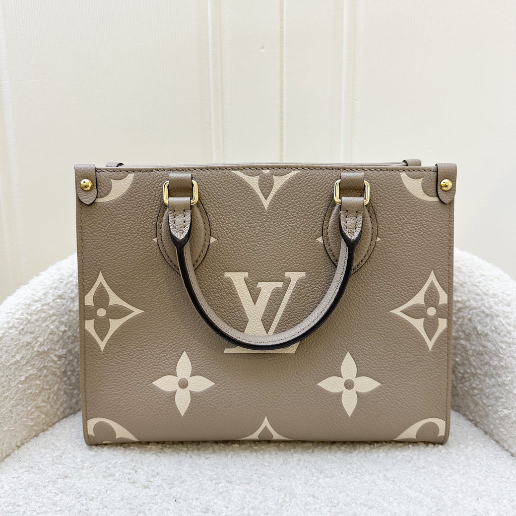 LV Onthego PM in Tourterelle (Grey) / Creme Giant Monogram Empreinte Leather and GHW