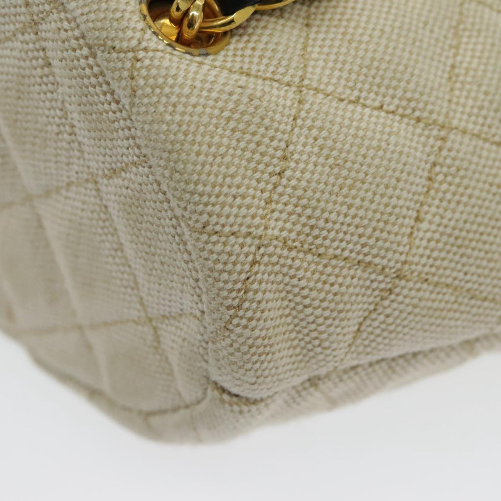 CHANEL Chain Tote Bag Canvas Lamb Skin Beige Black CC 93080