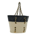 CHANEL Chain Tote Bag Canvas Lamb Skin Beige Black CC 93080