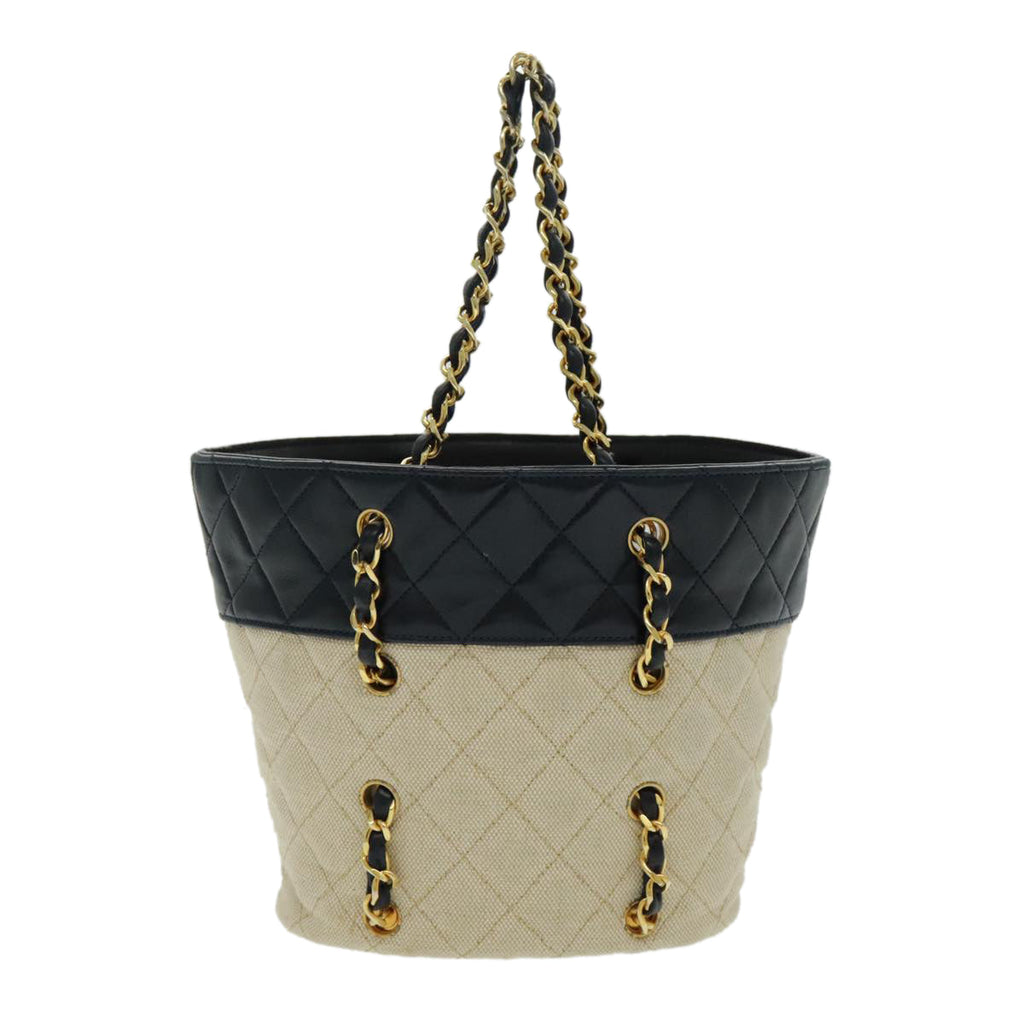 CHANEL Chain Tote Bag Canvas Lamb Skin Beige Black CC 93080