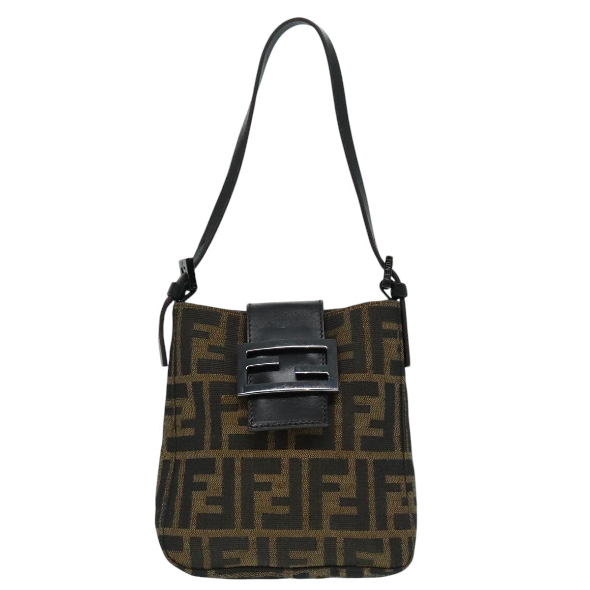 FENDI Zucca Canvas Mamma Baguette Shoulder Bag Black Silver Brown 93258