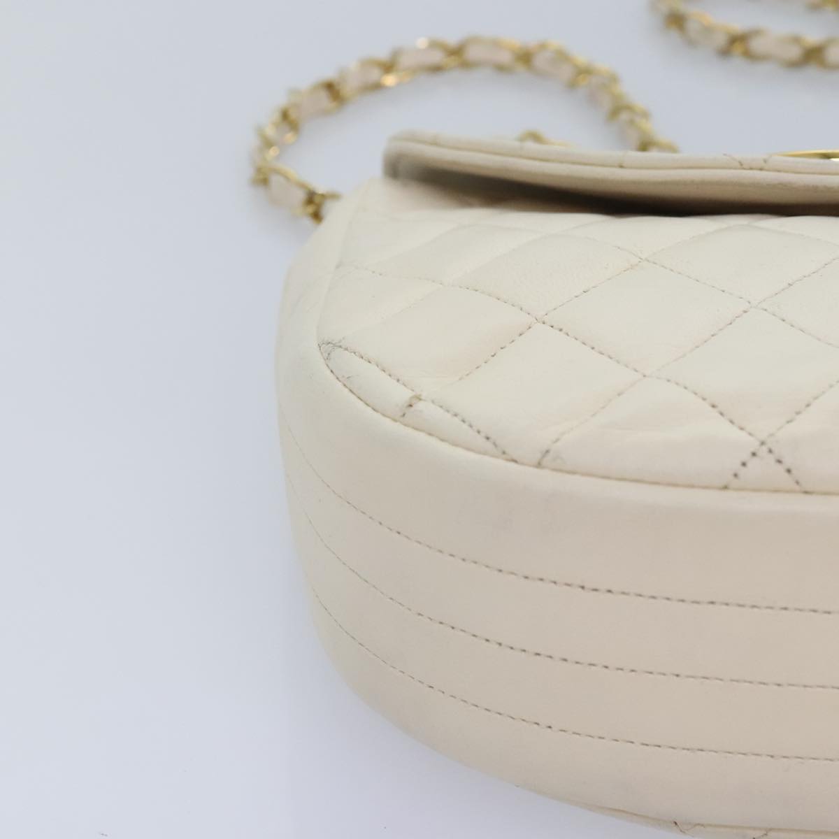 CHANEL Matelasse Big COCO Mark Chain Bag Lamb Skin White Gold CC 93377