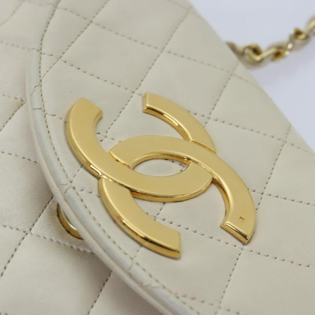 CHANEL Matelasse Big COCO Mark Chain Bag Lamb Skin White Gold CC 93377
