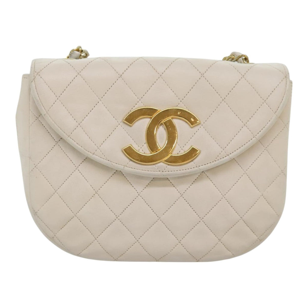 CHANEL Matelasse Big COCO Mark Chain Bag Lamb Skin White Gold CC 93377