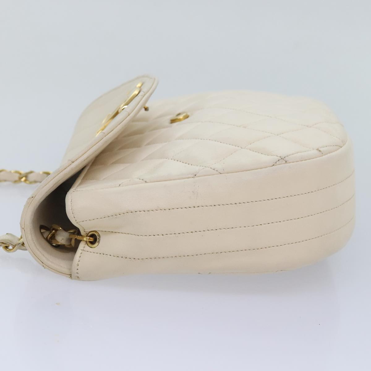 CHANEL Matelasse Big COCO Mark Chain Bag Lamb Skin White Gold CC 93377