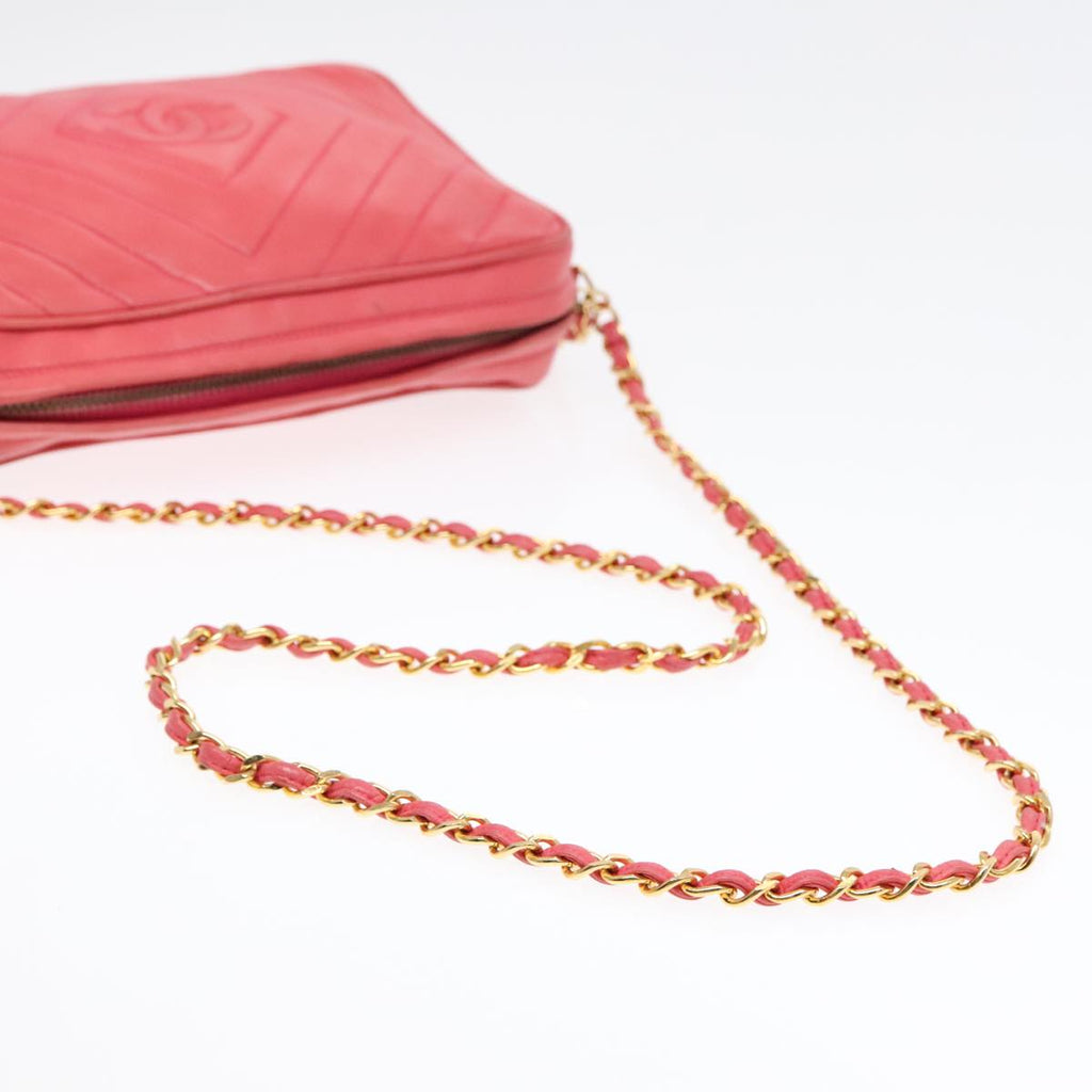 CHANEL Chain Shoulder Bag Lamb Skin Gold Pink CC 93604