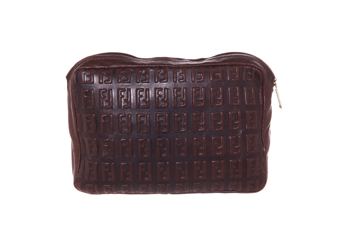 Fendi Vintage Brown Embosssed Leather Zucca Pouch
