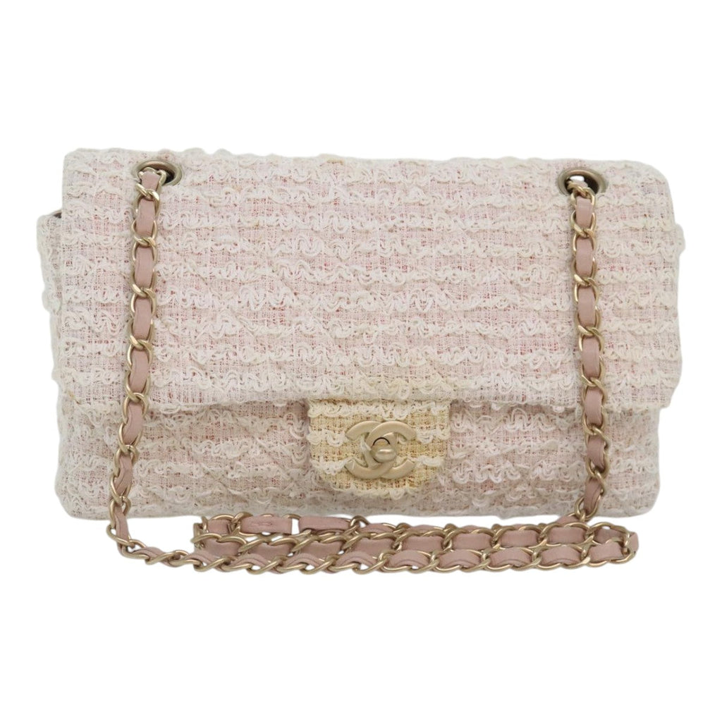 CHANEL Matelasse Chain Shoulder Bag tweed White Pink CC 93801A