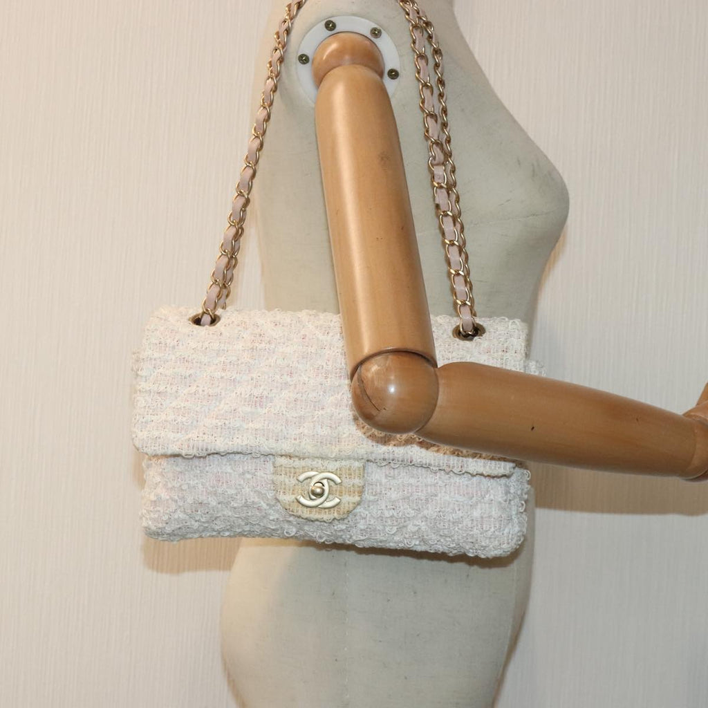 CHANEL Matelasse Chain Shoulder Bag tweed White Pink CC 93801A