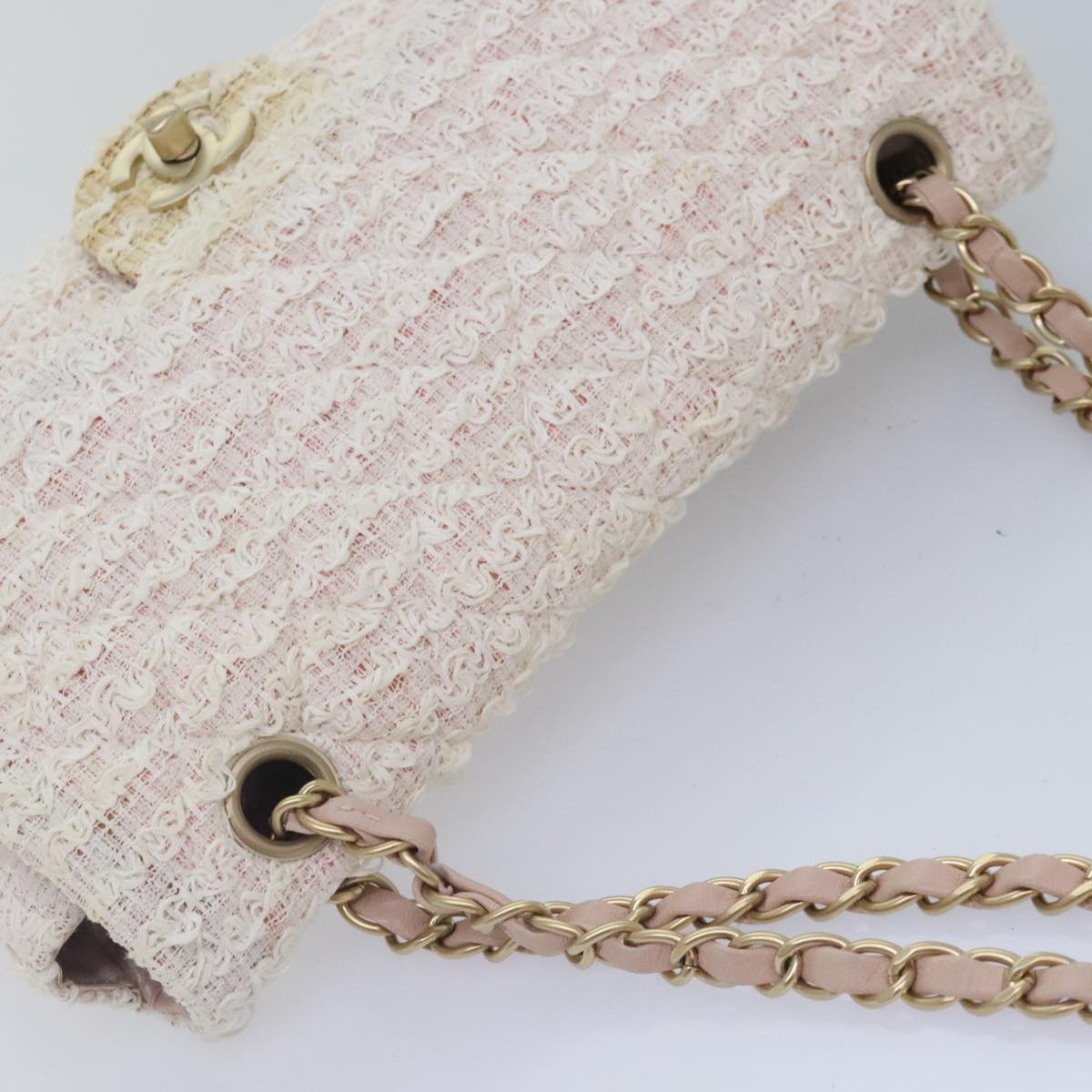 CHANEL Matelasse Chain Shoulder Bag tweed White Pink CC 93801A