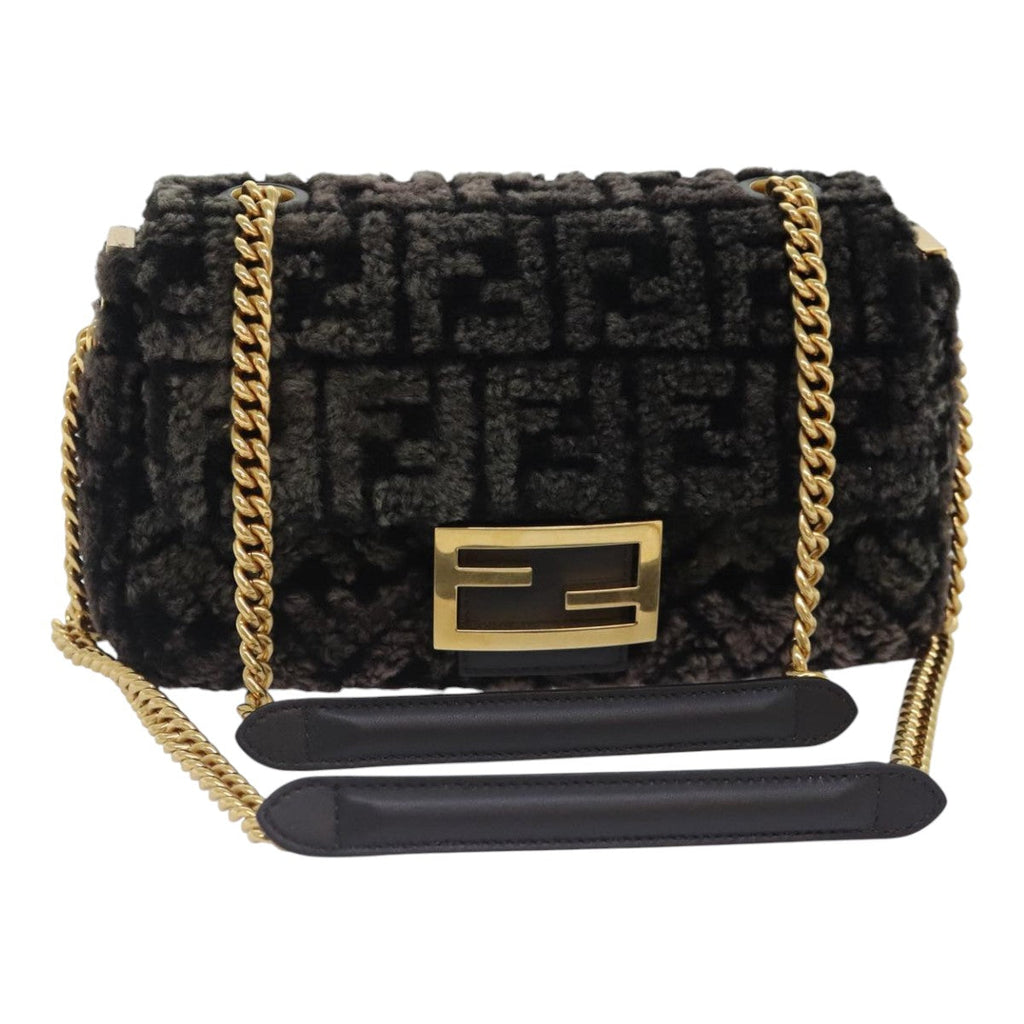 FENDI Zucca Canvas Chain Mamma Baguette Shoulder Bag Brown Gold 93830S