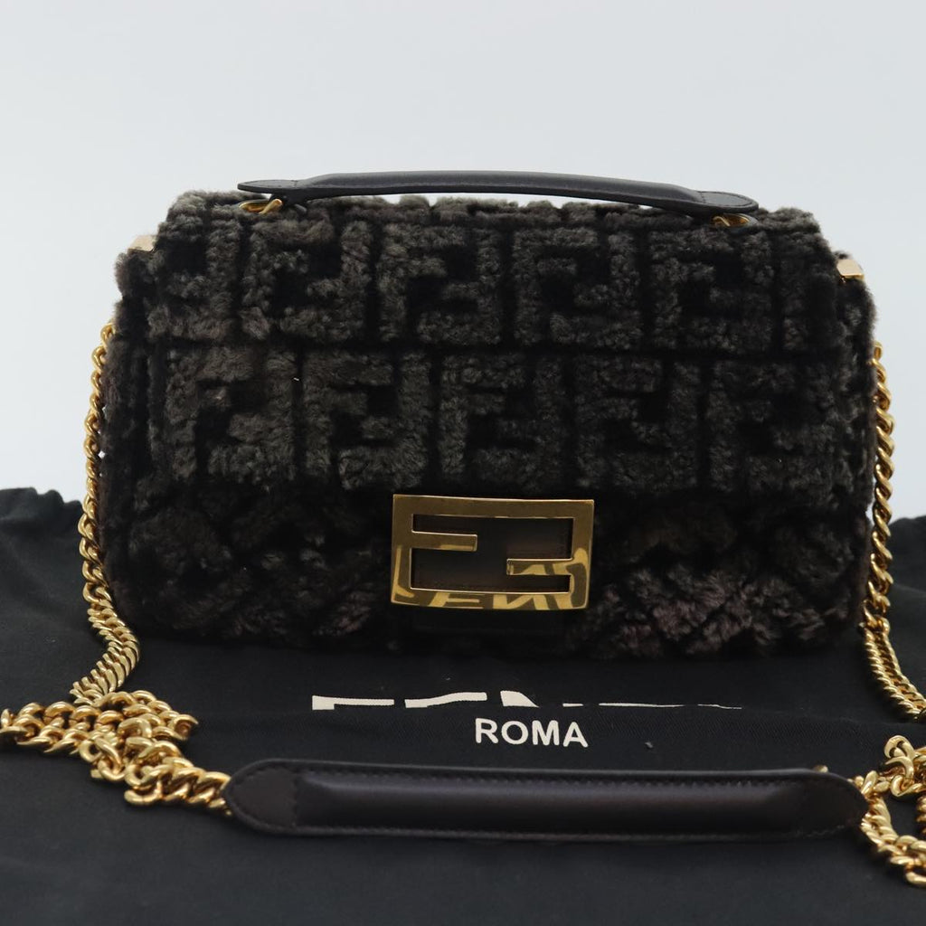 FENDI Zucca Canvas Chain Mamma Baguette Shoulder Bag Brown Gold 93830S