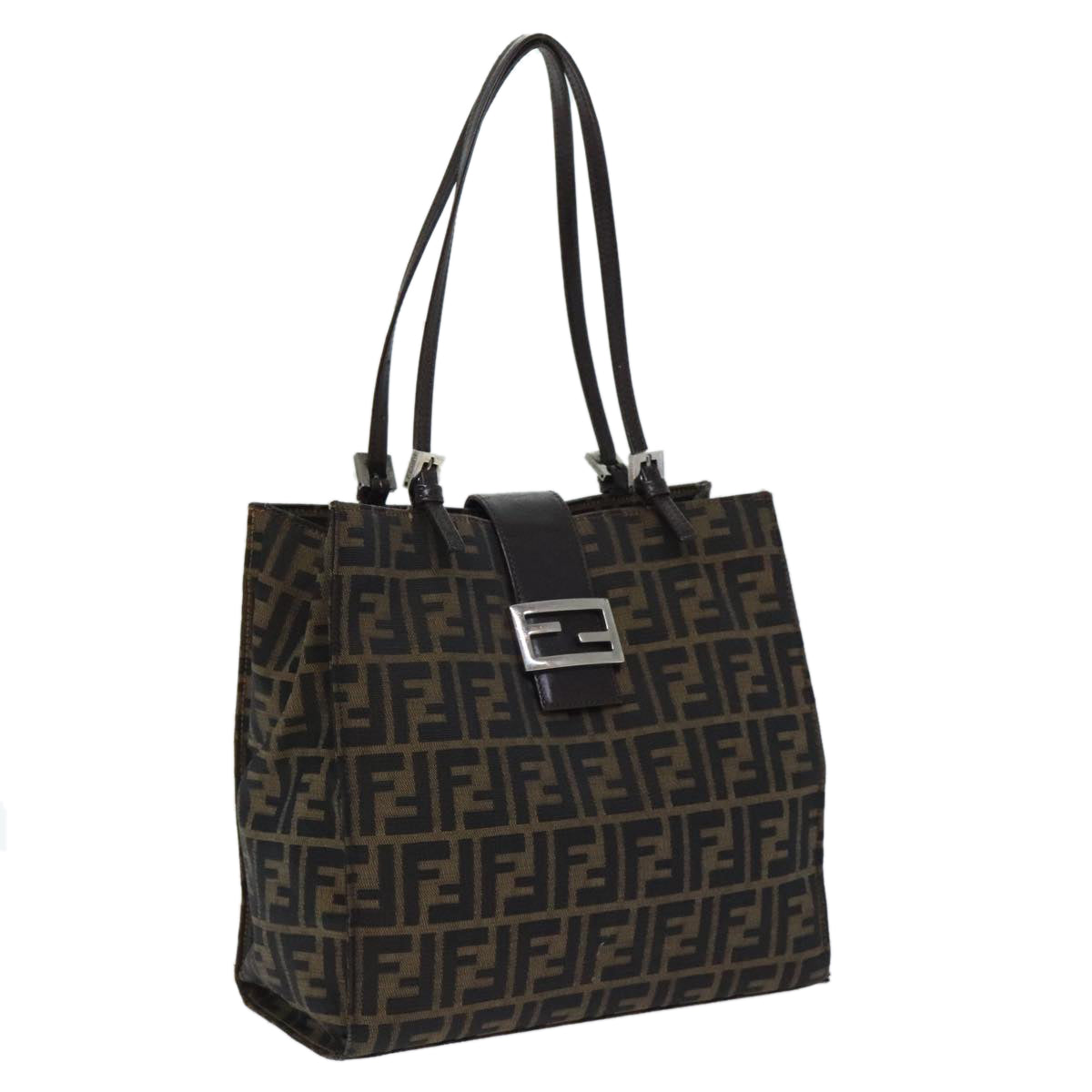 FENDI Zucca Canvas Shoulder Bag Black Silver Brown 93885