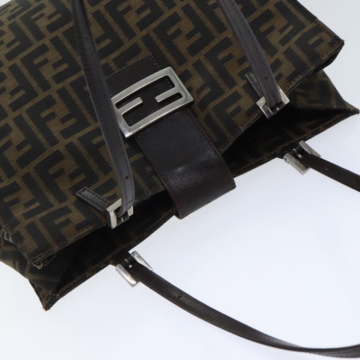 FENDI Zucca Canvas Shoulder Bag Black Silver Brown 93885