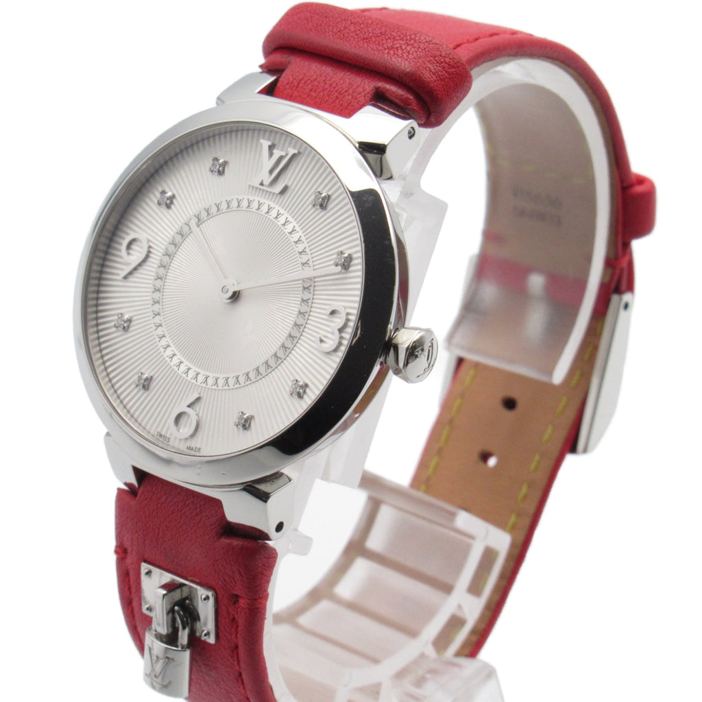 Louis Vuitton Tambour Slim MM 8P Diamond  Watch Stainless Steel Leather Belt  Silver  Q13MJ