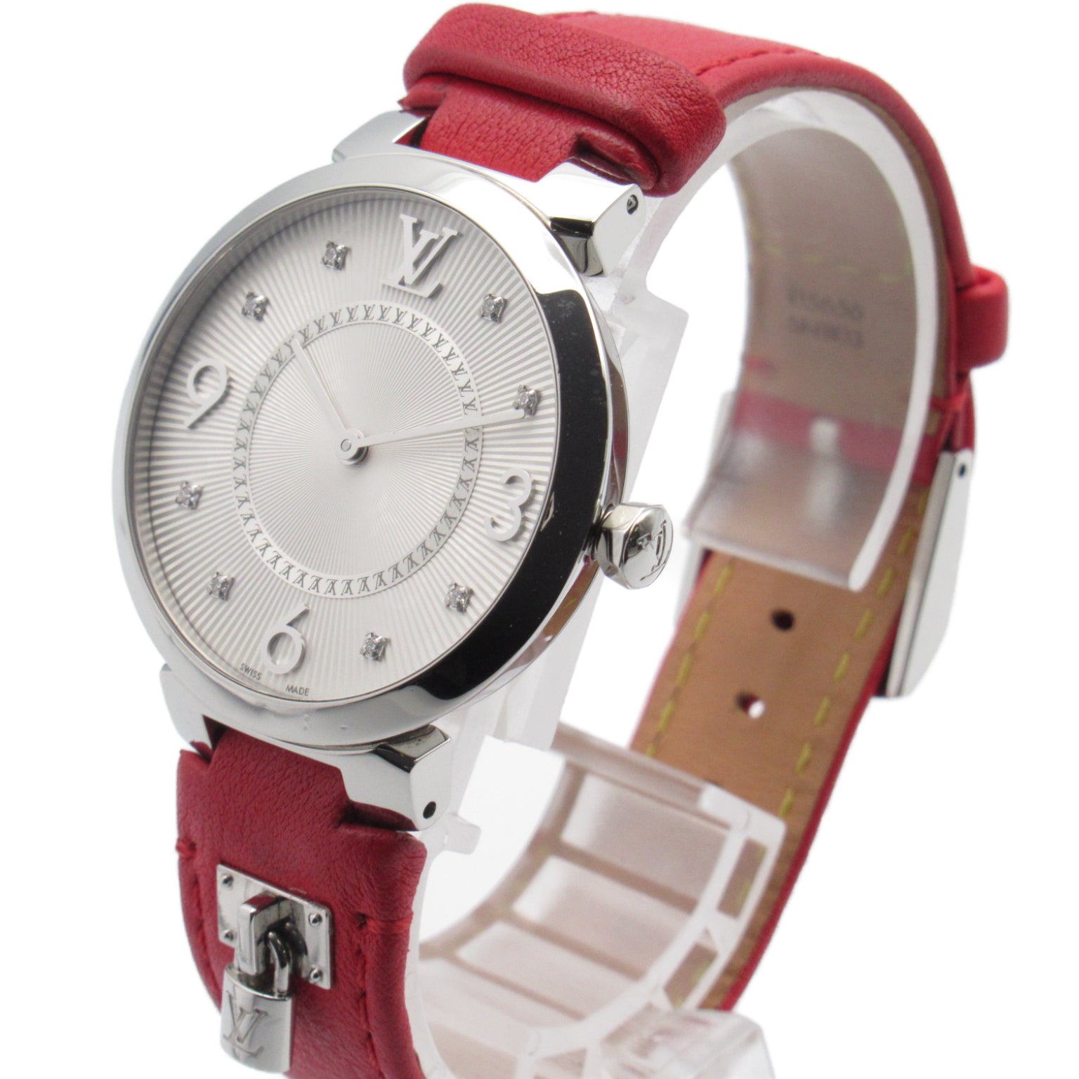 Louis Vuitton Tambour Slim MM 8P Diamond  Watch Stainless Steel Leather Belt  Silver  Q13MJ
