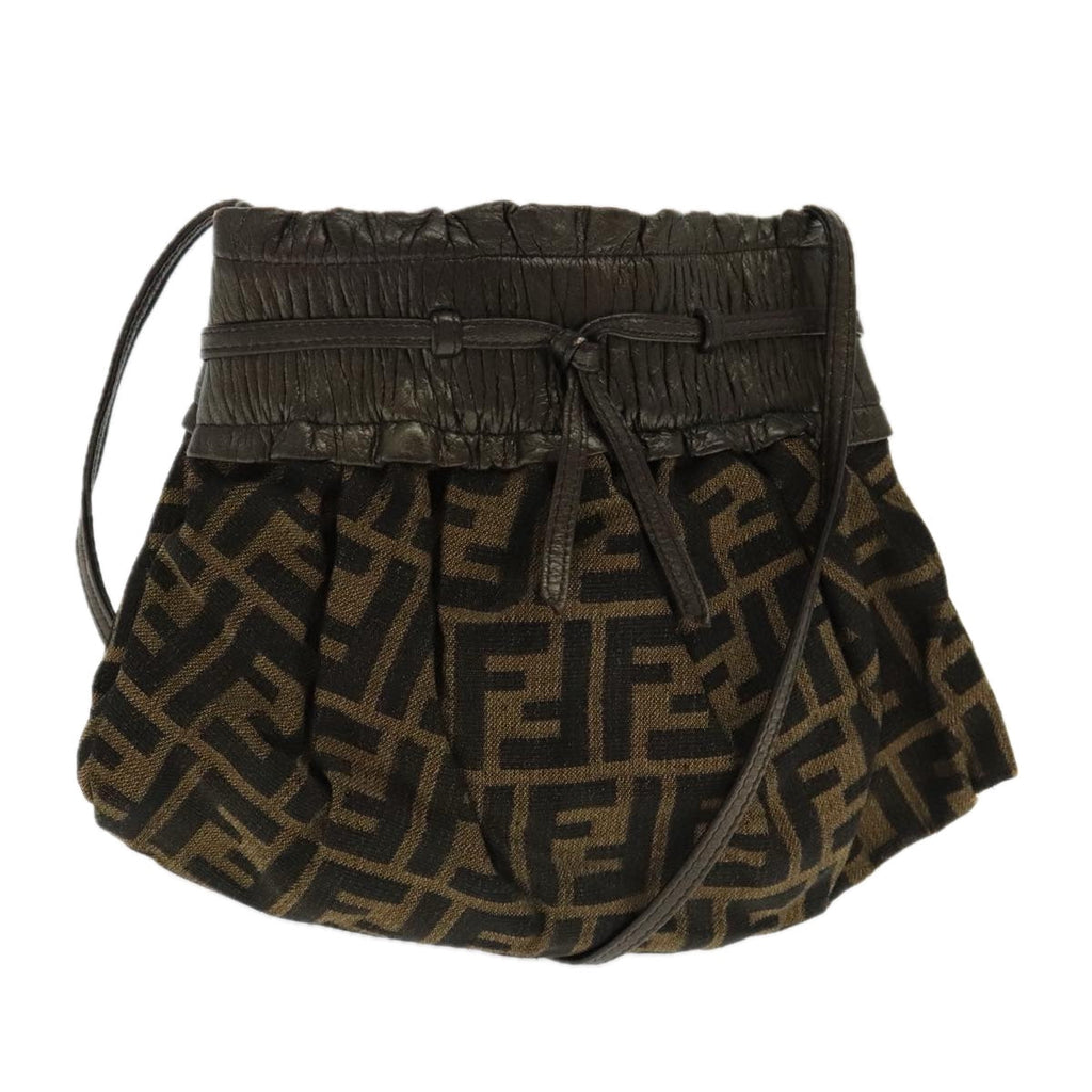 FENDI Zucca Canvas Shoulder Bag Brown Black Gold 94106