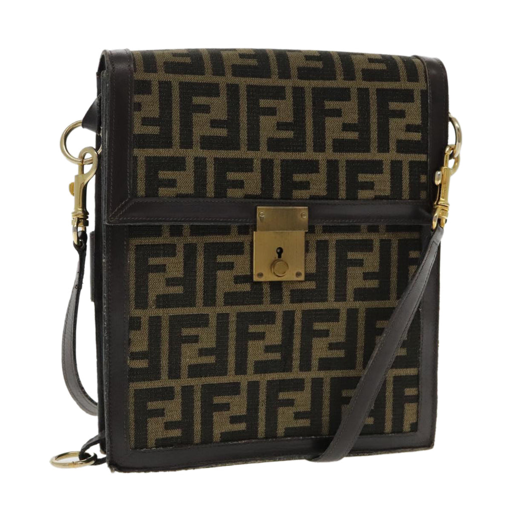 FENDI Zucca Canvas Shoulder Bag Brown Black Gold 94107