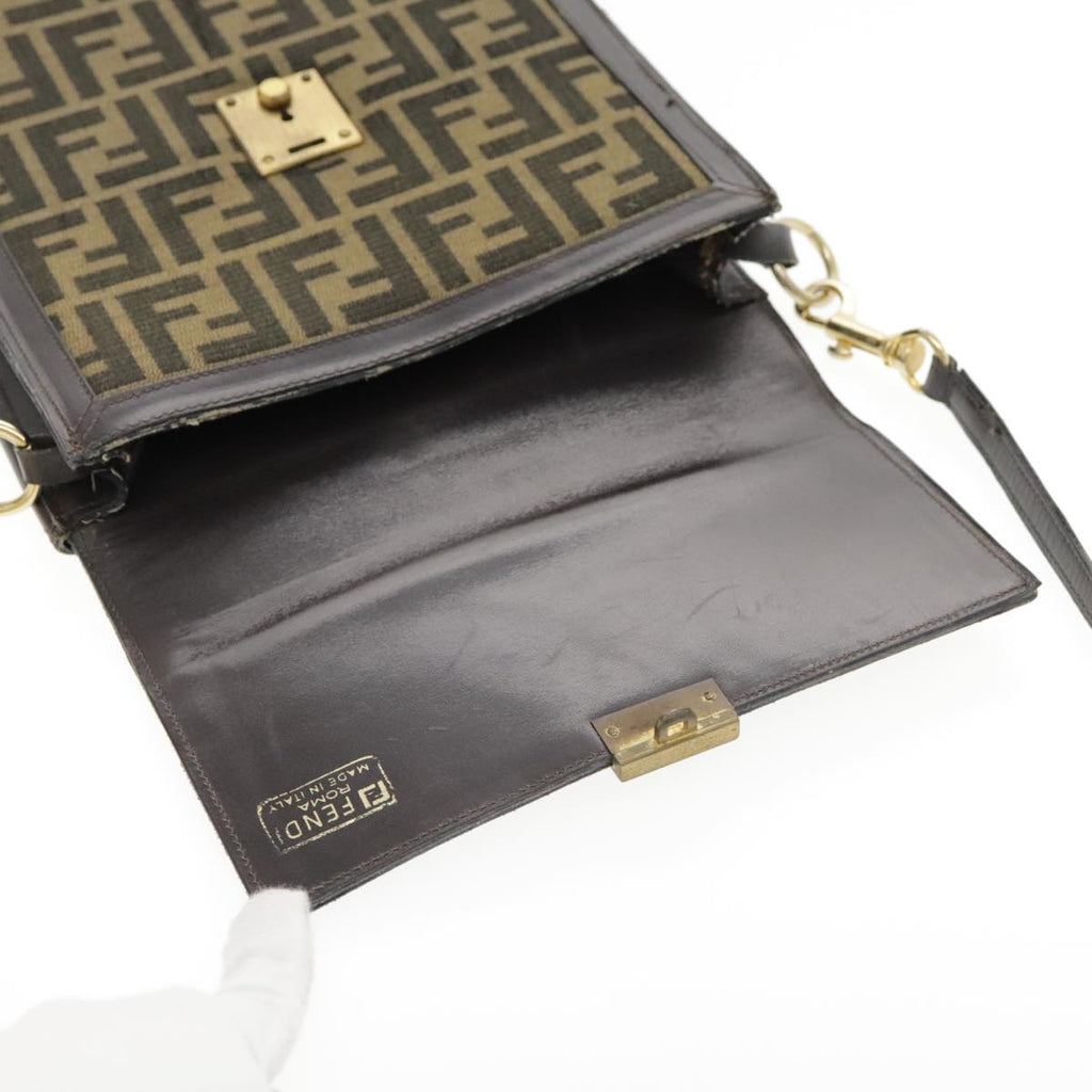FENDI Zucca Canvas Shoulder Bag Brown Black Gold 94107