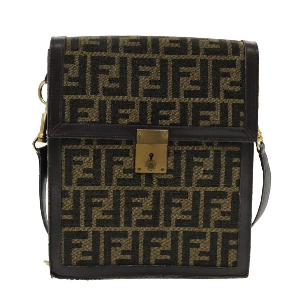 FENDI Zucca Canvas Shoulder Bag Brown Black Gold 94107