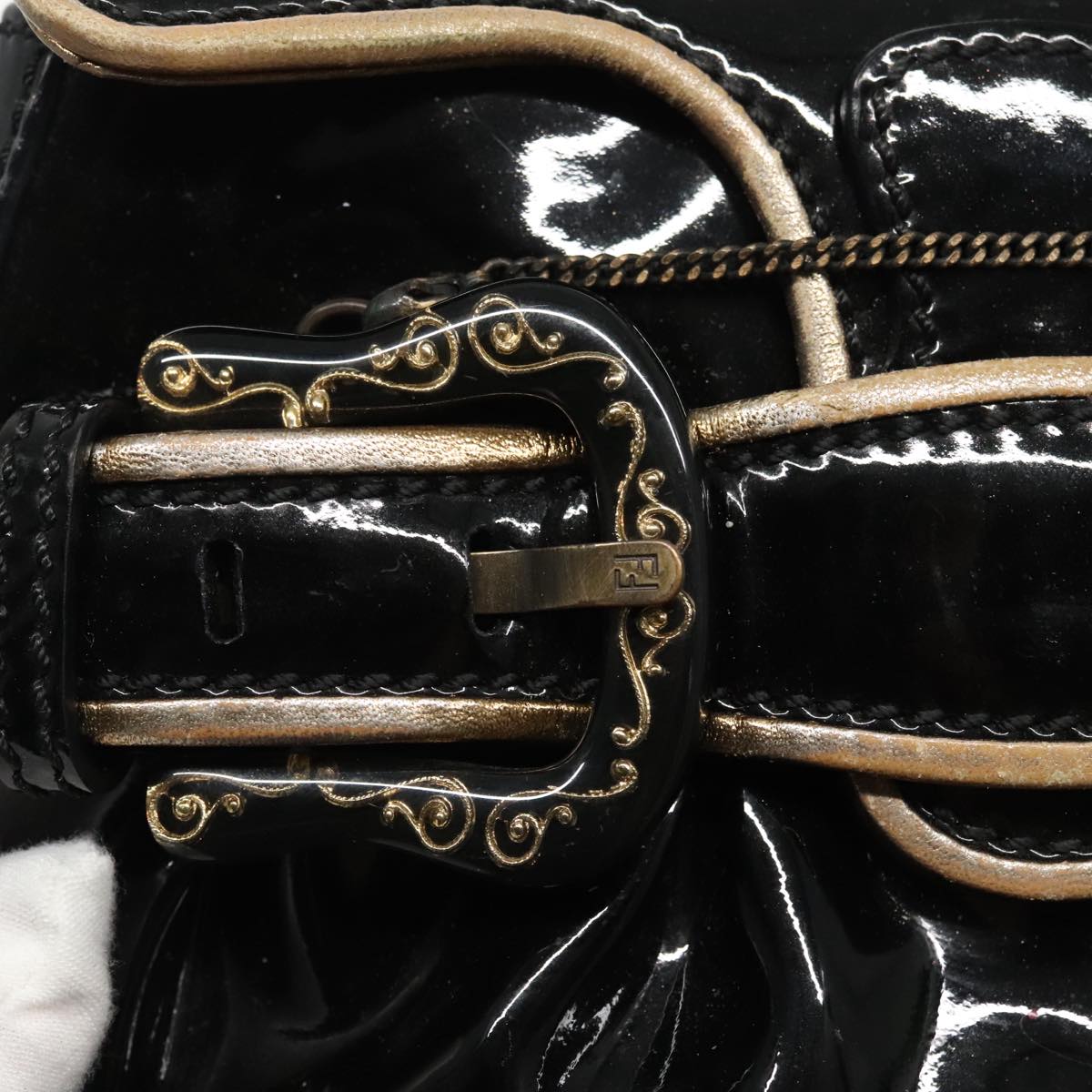 FENDI Chain Hand Bag Enamel Black 94130