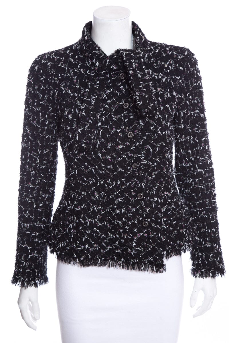 Chanel Cruise 2006 Navy Fantasy Tweed Tie Neck Blazer SZ 34