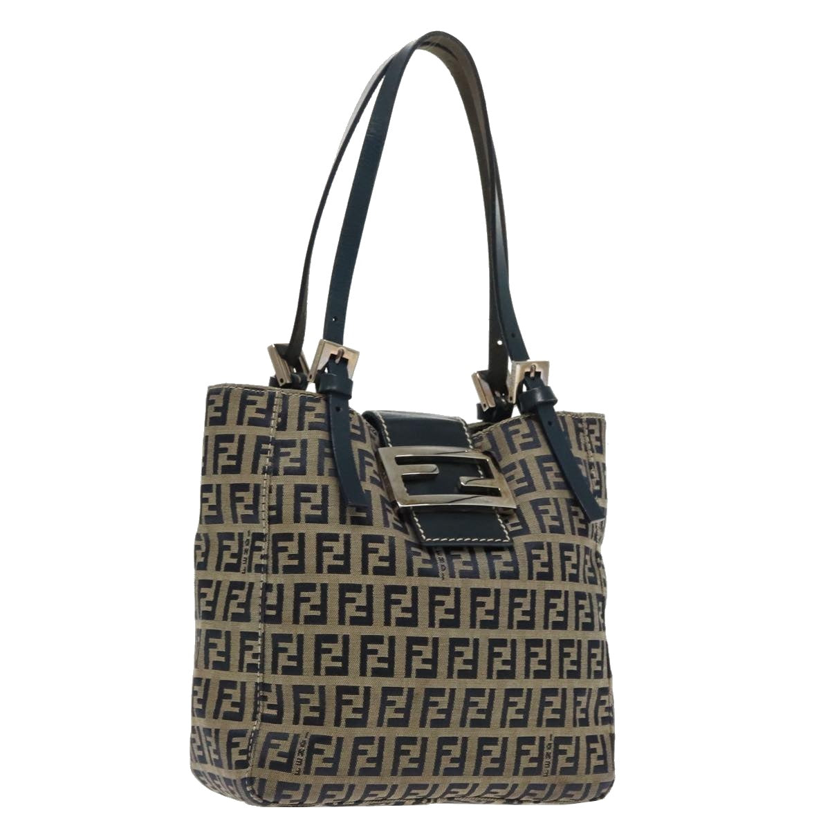 FENDI Zucchino Canvas Hand Bag Navy Silver 94429