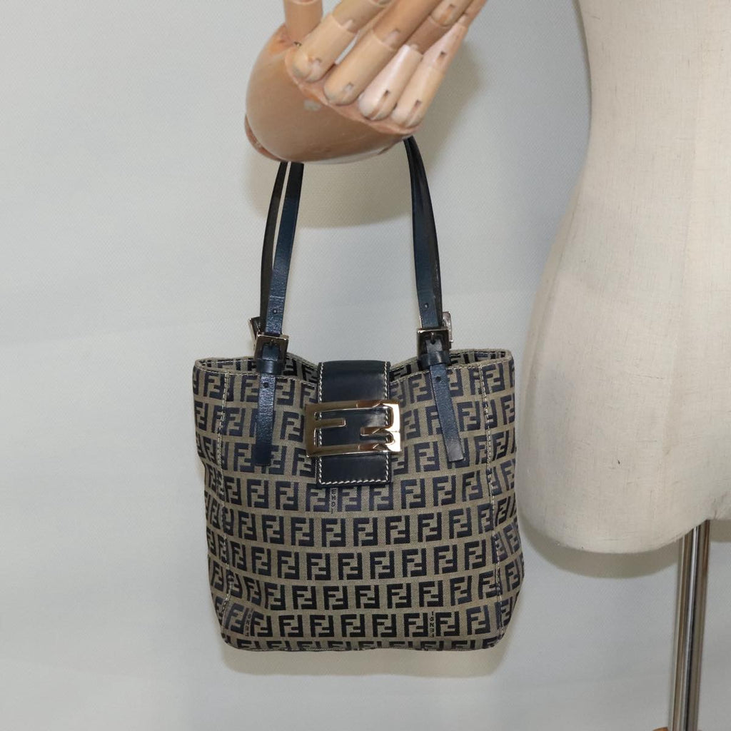 FENDI Zucchino Canvas Hand Bag Navy Silver 94429