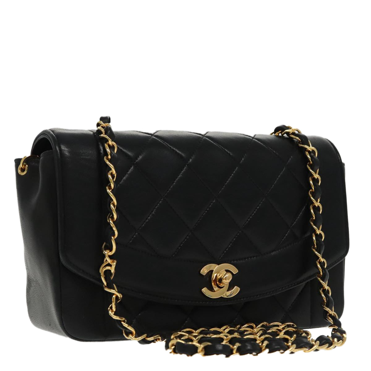 CHANEL Diana Matelasse Chain Shoulder Bag Lamb Skin Black Gold CC 94641S