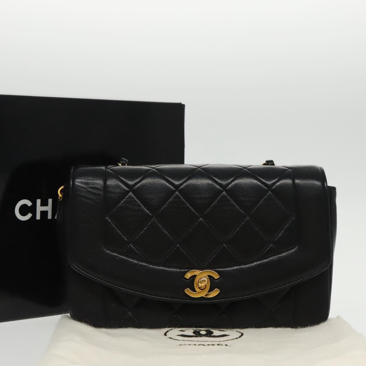 CHANEL Diana Matelasse Chain Shoulder Bag Lamb Skin Black Gold CC 94641S
