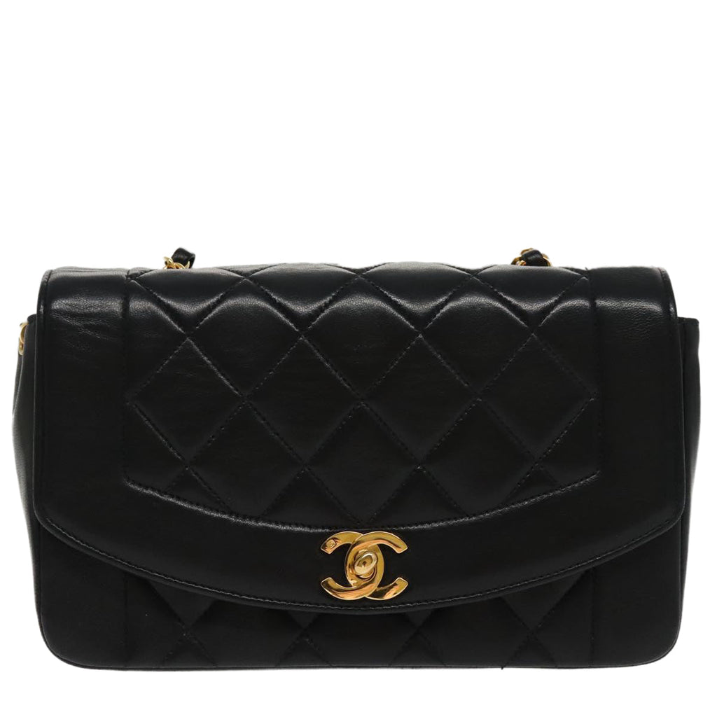 CHANEL Diana Matelasse Chain Shoulder Bag Lamb Skin Black Gold CC 94641S