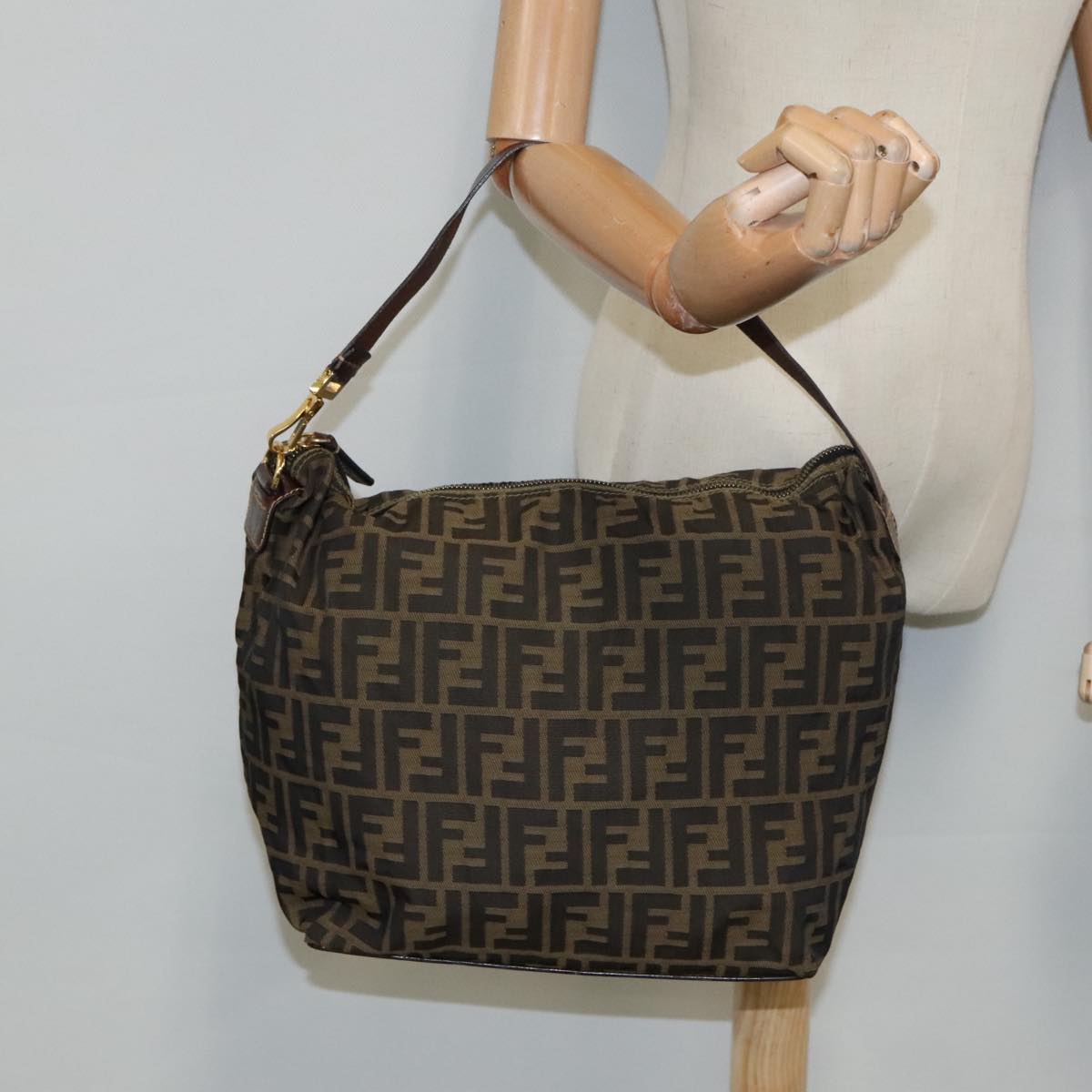 FENDI Zucca Canvas Shoulder Bag Brown Black gold 94791