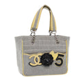 CHANEL Camelia Hand Bag No5 Canvas Gray Silver CC 94827A
