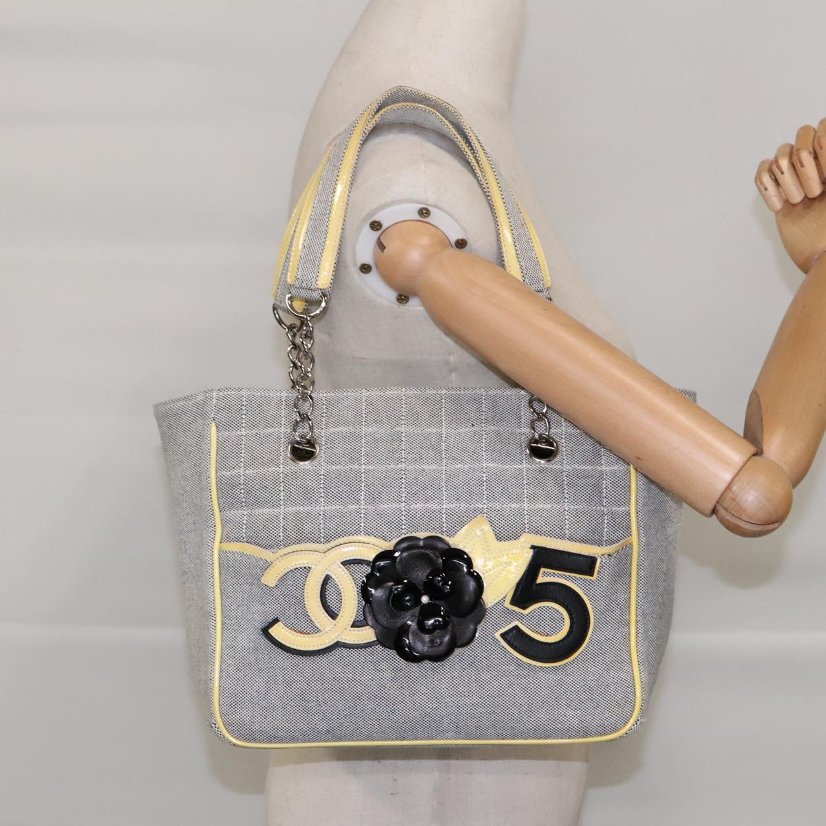 CHANEL Camelia Hand Bag No5 Canvas Gray Silver CC 94827A