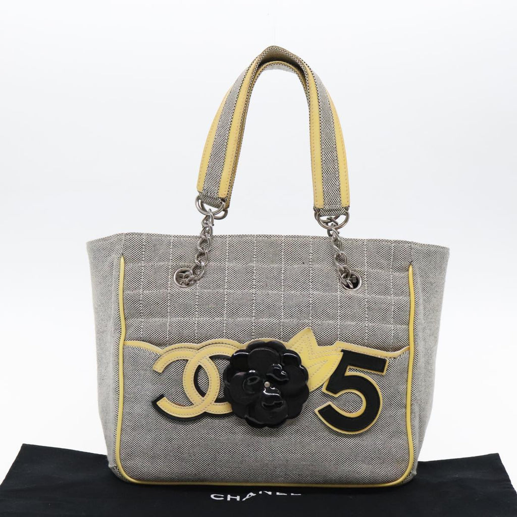 CHANEL Camelia Hand Bag No5 Canvas Gray Silver CC 94827A