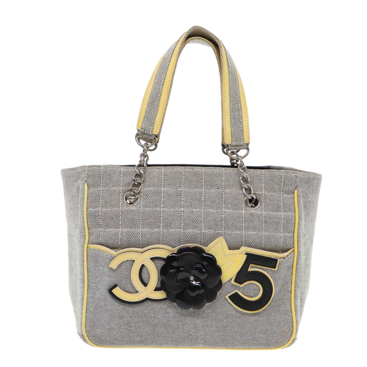 CHANEL Camelia Hand Bag No5 Canvas Gray Silver CC 94827A