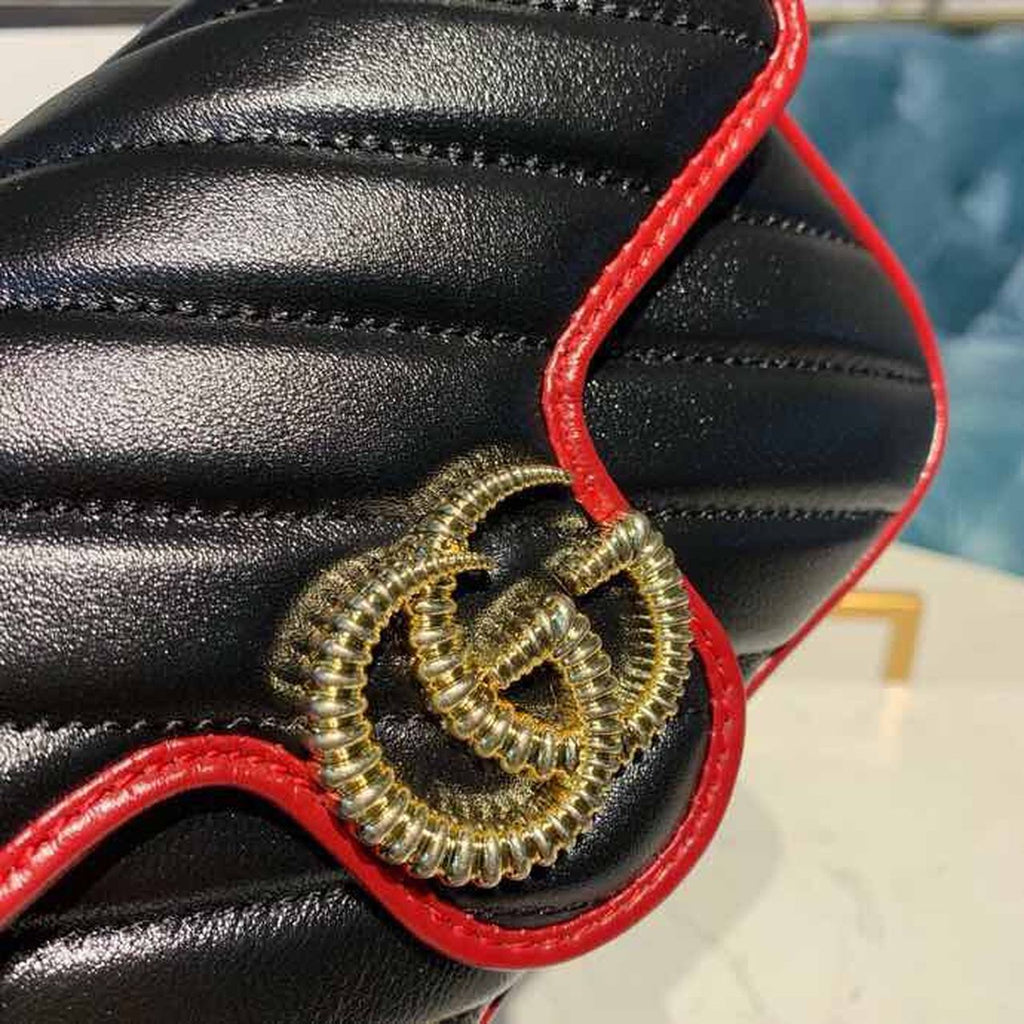 gg Marmont Diagonal Matelass Shoulder Bag Black Red For Women 10in/26cm gg 443497
