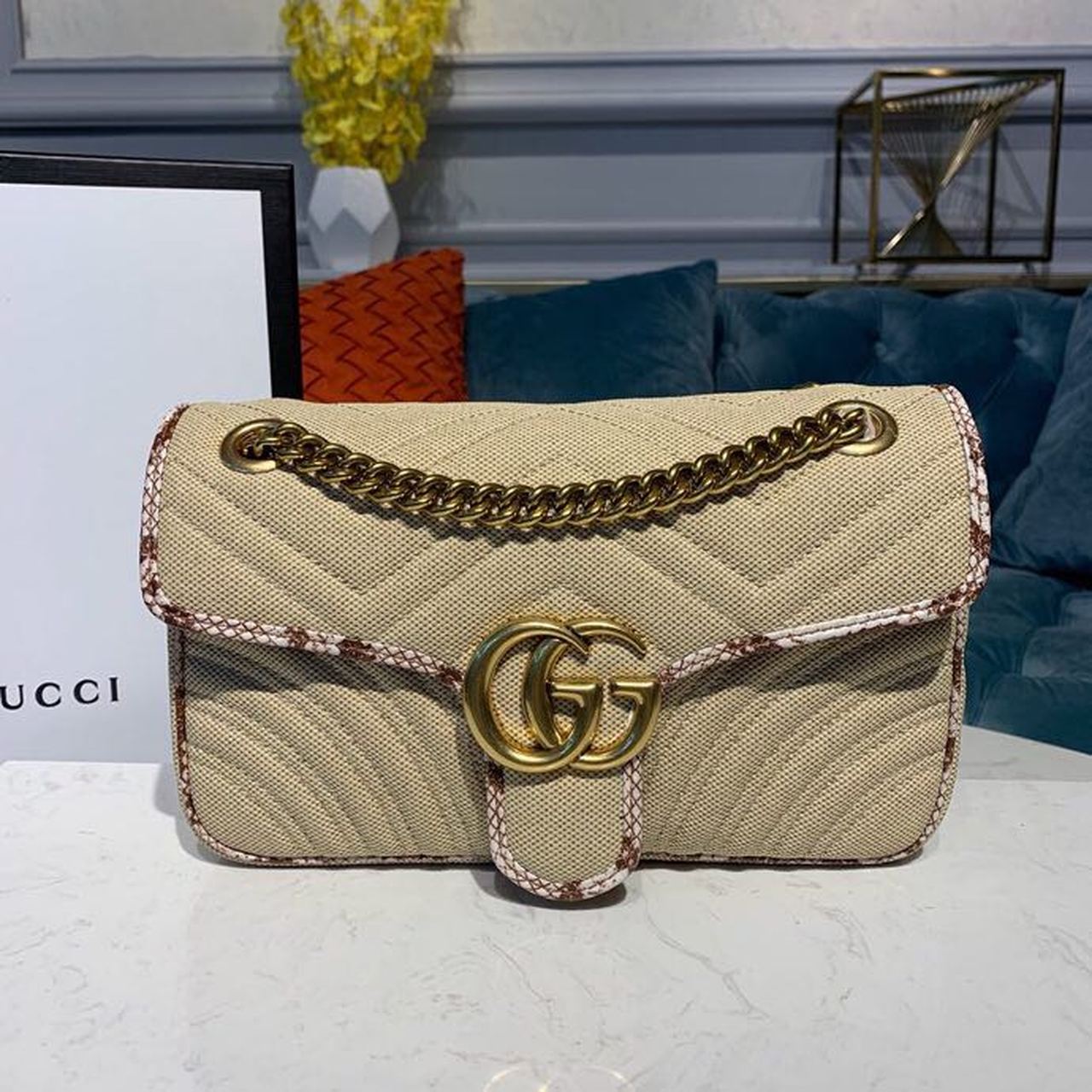 gg Marmont Raffia Straw Shoulder Bag Cream/Brown/Beige gg Chevron Matelassé Raffia Effect Fabric For Women 10in/26cm gg  ‎443497