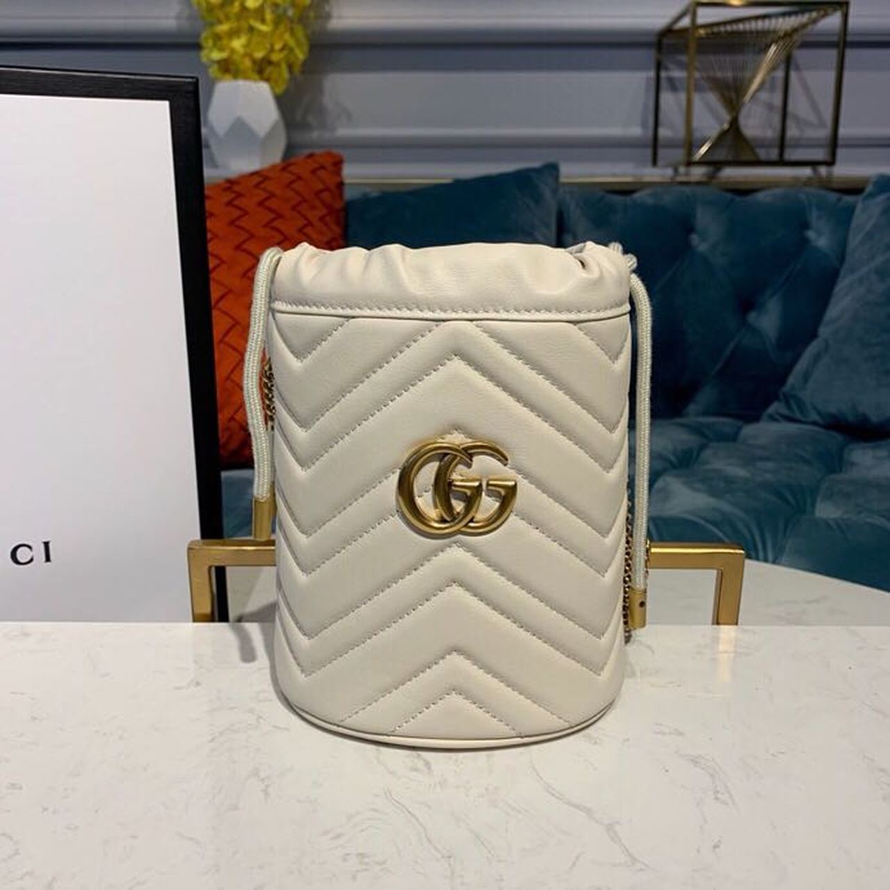 Glami Marmont Mini Bucket Bag White MatelassÃƒÂ© Chevron For Women 6in/13cm Glami 575163 DTDRT 9022