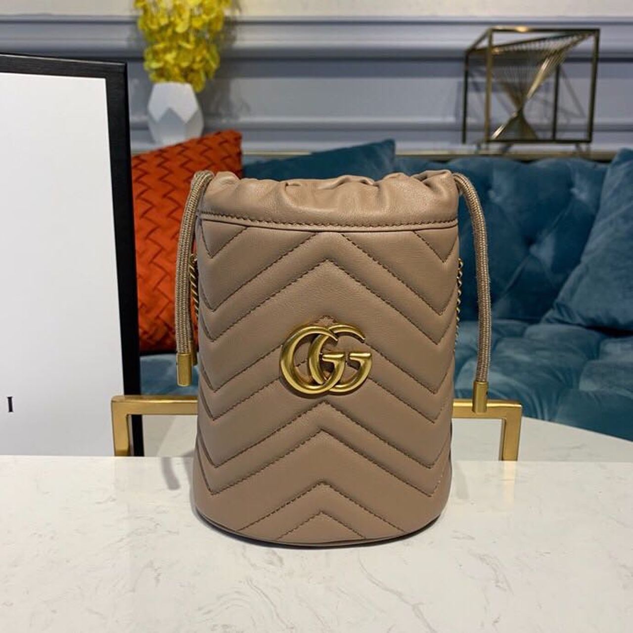 Glami Marmont Mini Bucket Bag Beige MatelassÃƒÂ© Chevron For Women 6in/13cm Glami 575163