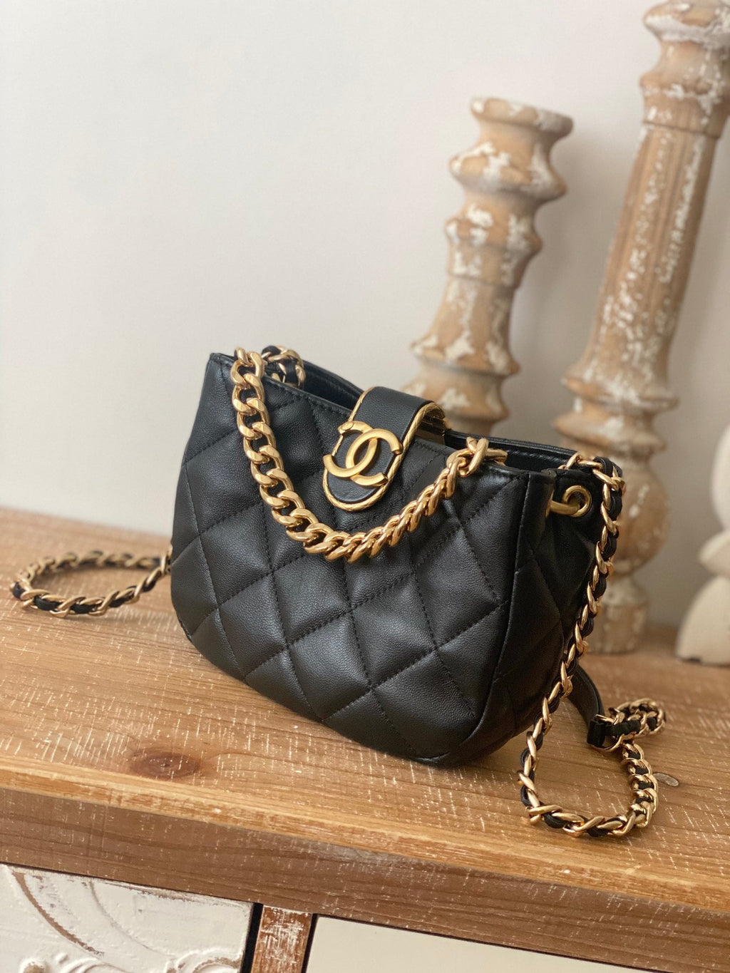 CHLSmall Hobo Bag Gold Hardware Black For Women, Women’s Handbags, Shoulder Bags 7.5in/19cm