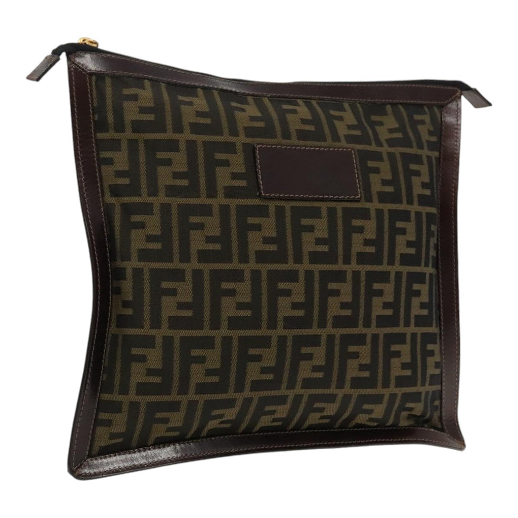 FENDI Zucca Canvas Clutch Bag Brown Black gold 95030