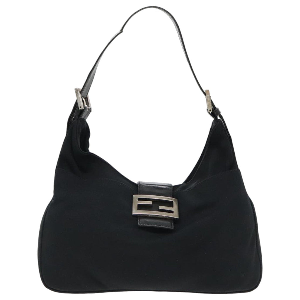 FENDI Mamma Baguette Shoulder Bag Nylon Leather Black Silver 95327