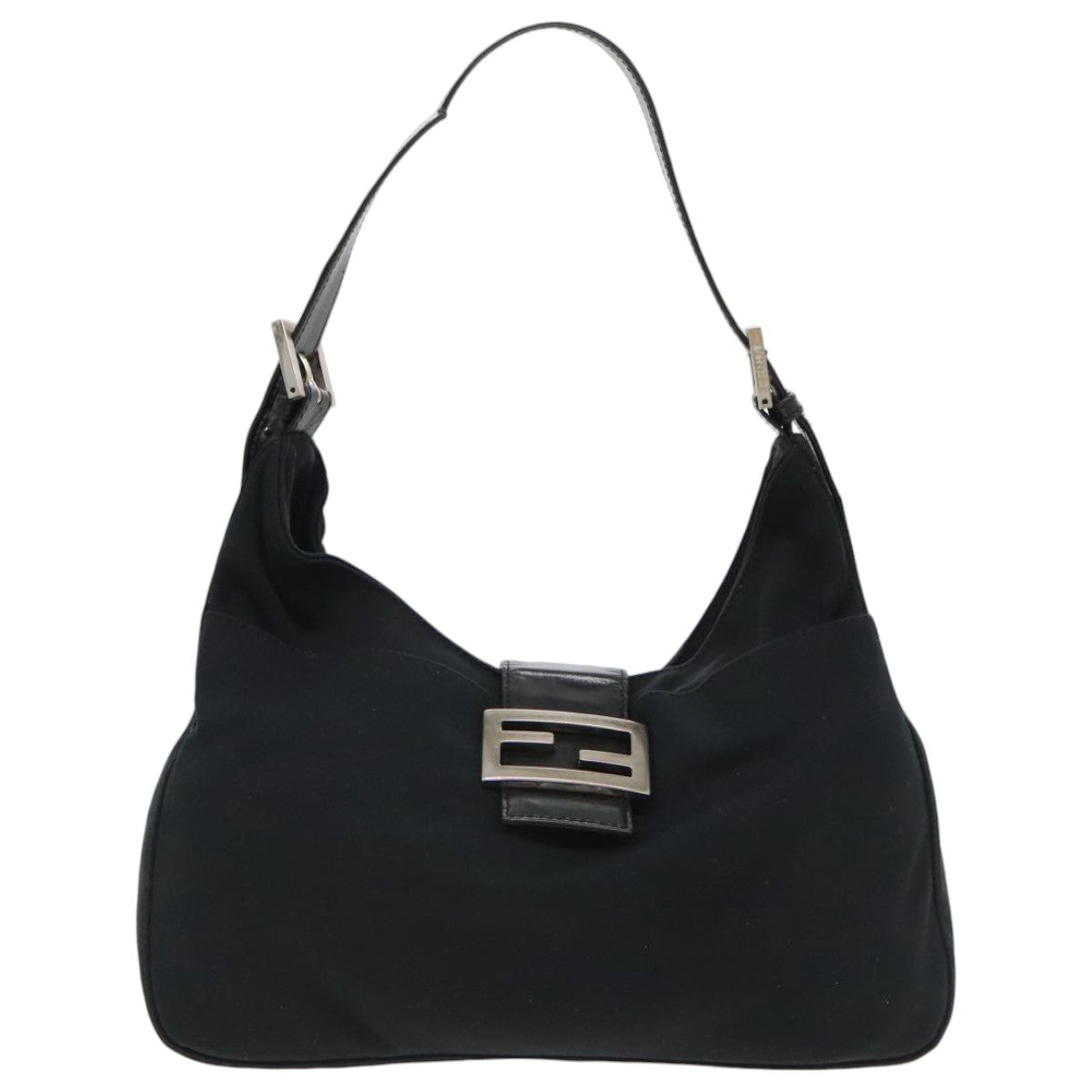 FENDI Mamma Baguette Shoulder Bag Nylon Leather Black Silver 95327