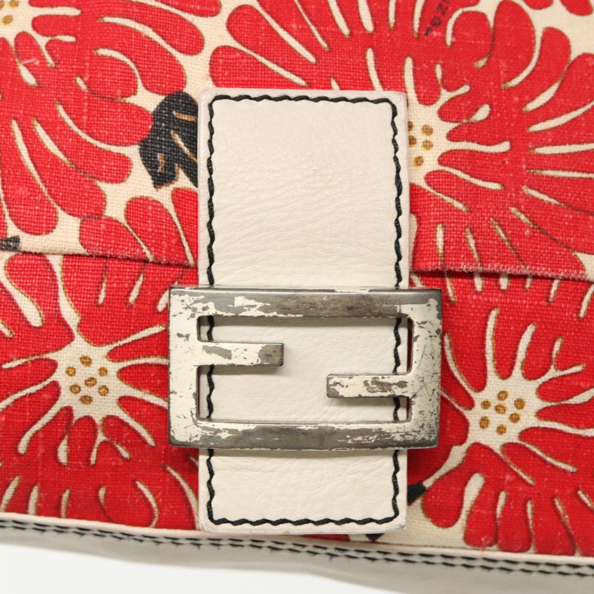 FENDI Mamma Baguette Shoulder Bag Canvas Leather Red White Silver 95392